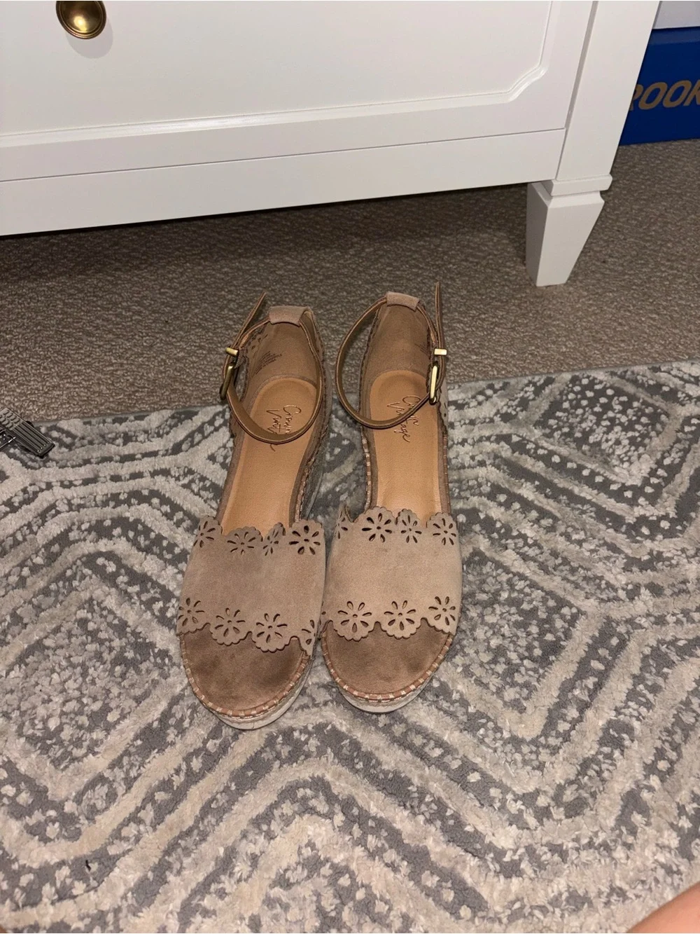 Crown Vintage Tan Suede Floral Cutout Espadrille Wedge Sandals